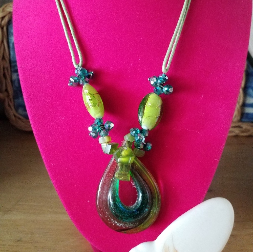 Green and Yellow Glass Statement Necklace #209
